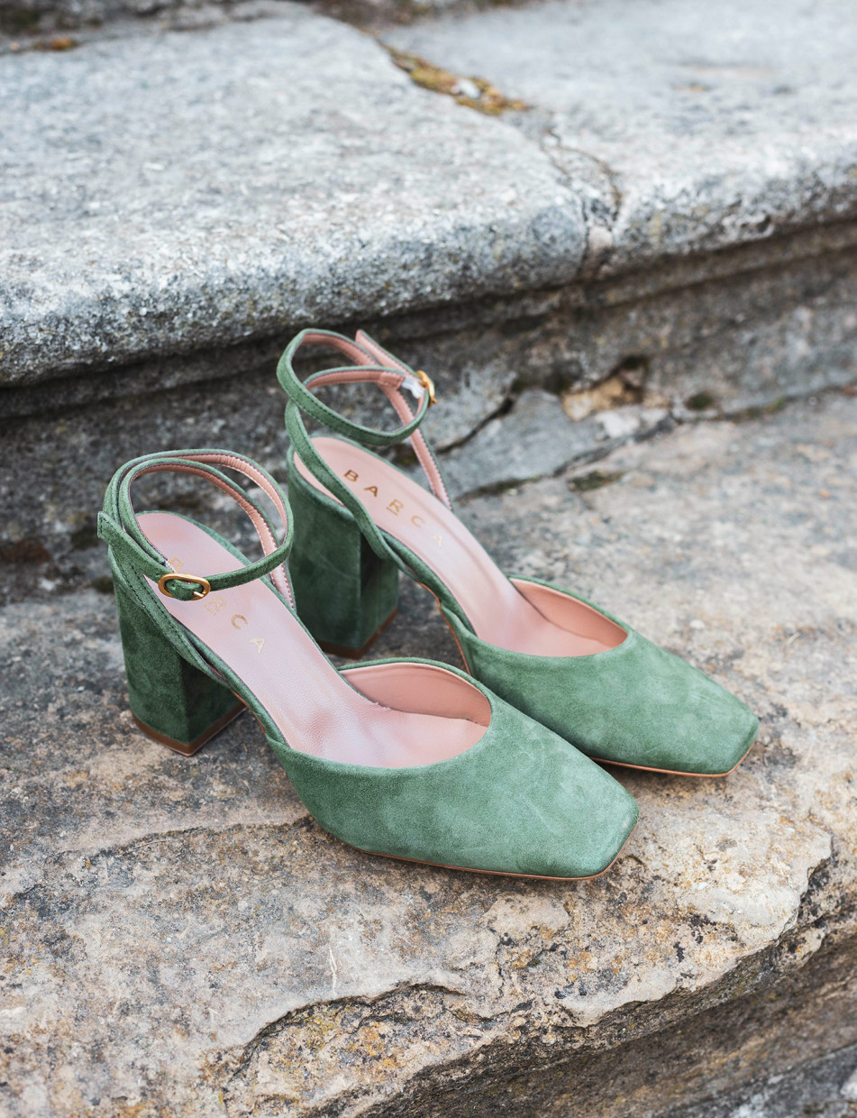 Slingback tacco 8 cm verde camoscio